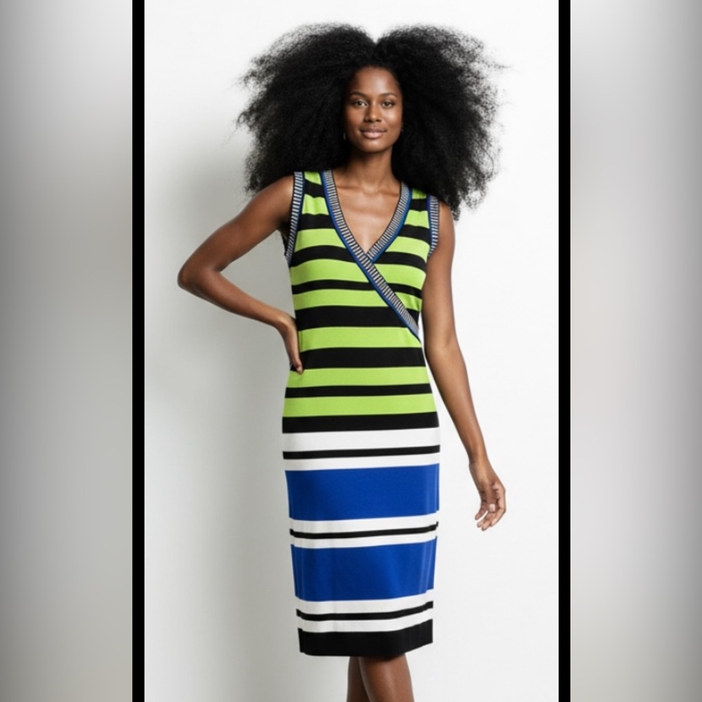 JOSEPH RIBKOFF Dress Striped Sleeveless Stretch Sweater Knit V Neck